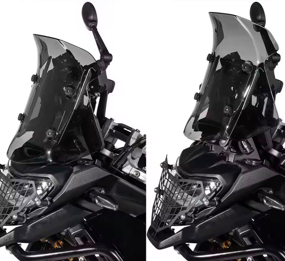 Comparativa de posición baja y alta del parabrisas con el ajustador instalado en BMW F 900 GS